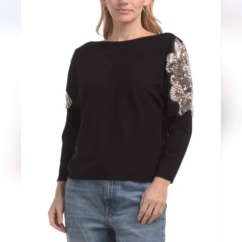 LIV Women's Black Dolman Sleeve Embellished Sweater